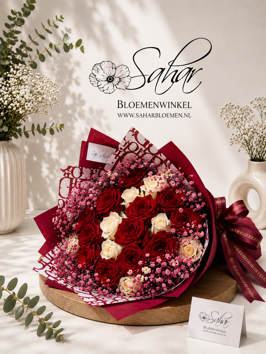 Rode rozen DiorBoeket + Roze gipskruid