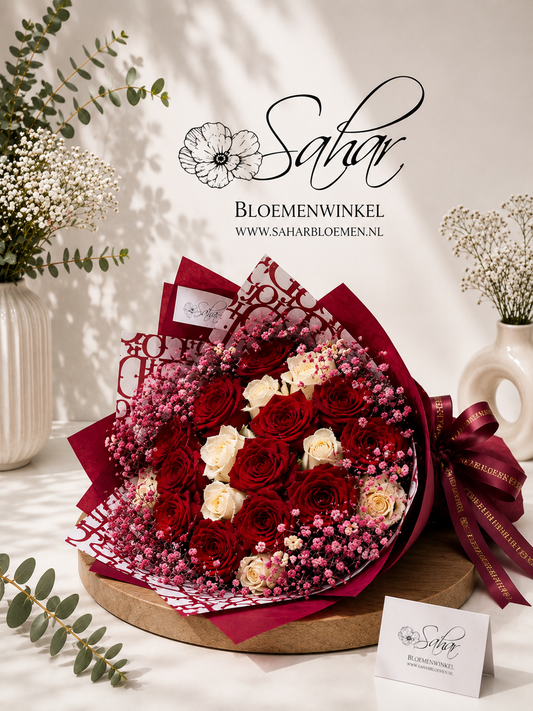 Rode rozen DiorBoeket + Roze gipskruid